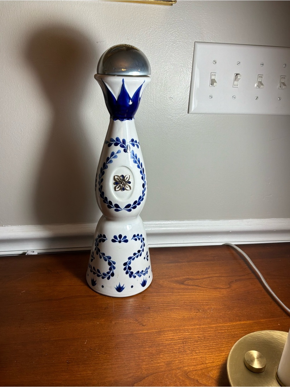 Empty Clase Azul Blue and White Ceramic Decorative Accent with Silver Finial